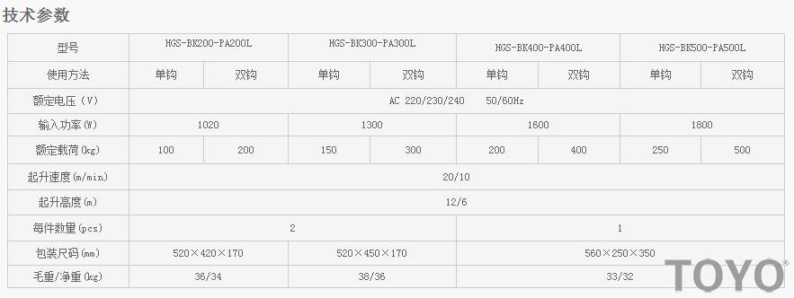 PA200L-PA500L型微型電動葫蘆技術參數